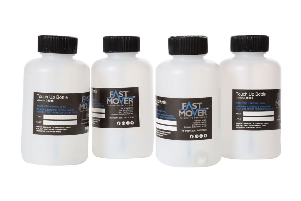 Touch up paint bottle. 500ml capacity with inbuilt brush & agitating marble. Secure fitted lid. 200 bottles per case.