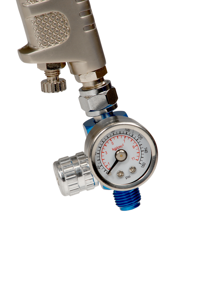 Spray gun air regulator. 1/4bsp thread. 100g. Length 32mm. Max pressure 114PSI/7.8BAR