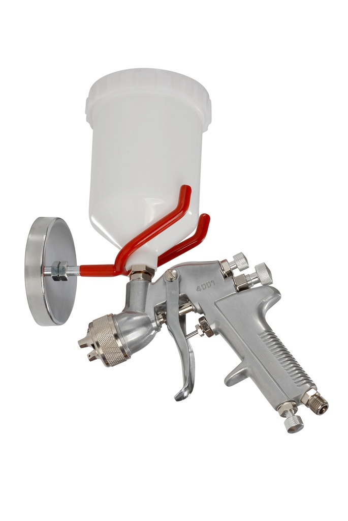 Magnetic spray gun holder for gravity feed spray gun.