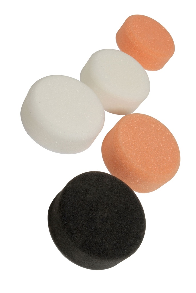 compounding & polishing pad kit with hook and loop 75 x 30mm. 5 pads 2 x white 2 orange 2 black
