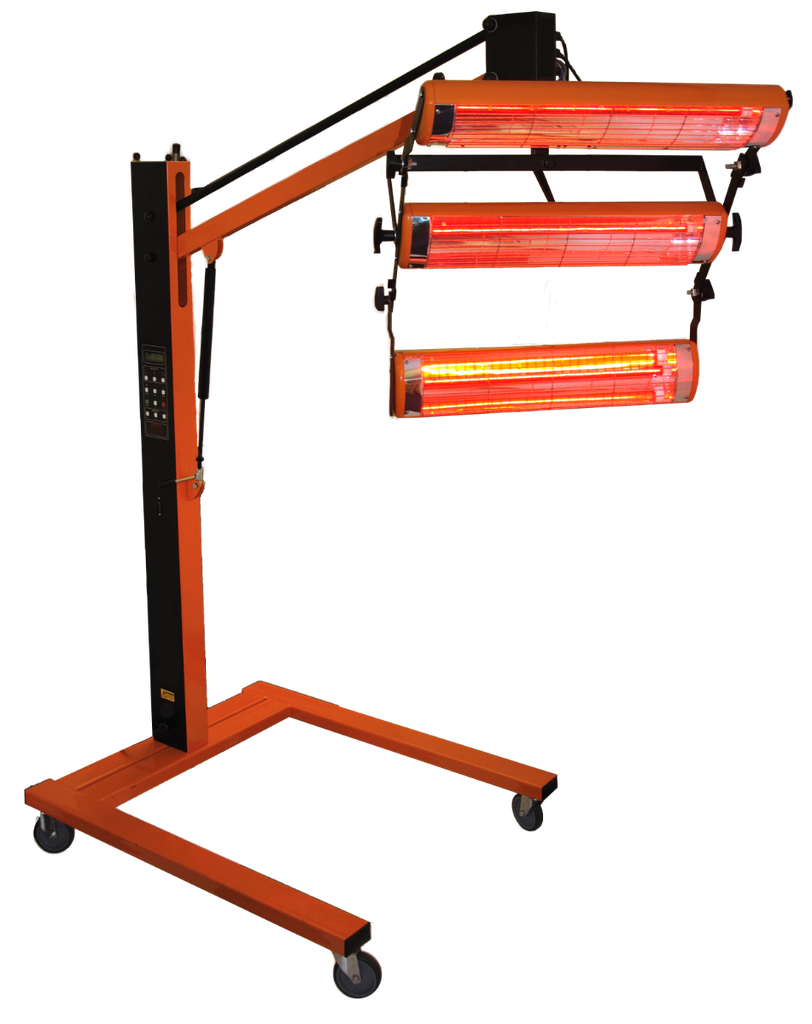 Infrared paint dryer on rotating stand and digital timer and fitted with 3 cassettes. 240volt 3000watt