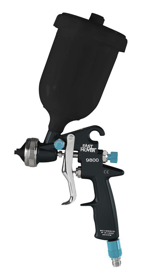 HVLP gravity feed spray gun with black 600ml paint pot for UV curing paint spraying. 1.8mm aircap