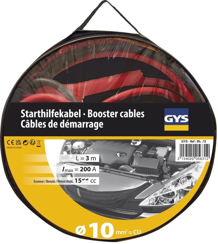 JUMP LEADS PRO 200A (1.5L) - INSULATED CLAMPS - Ø10mm² - 2 x 2.8m