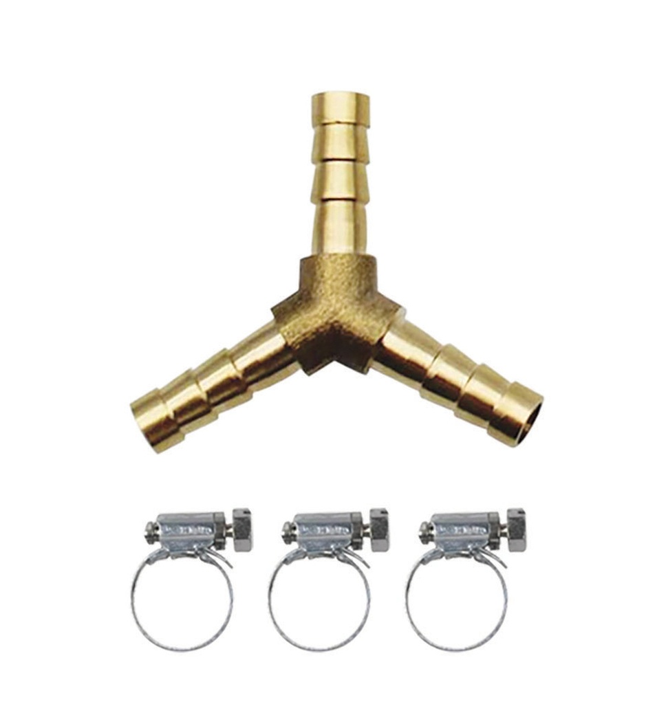 Y SHAPE BRASS GAS CONNECTOR Ø6mm + 3 HOSE CLIPS