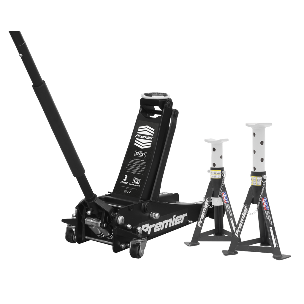 Premier Trolley Jack 3 Tonne & Axle Stands (Pair) 3 Tonne per Stand Combo