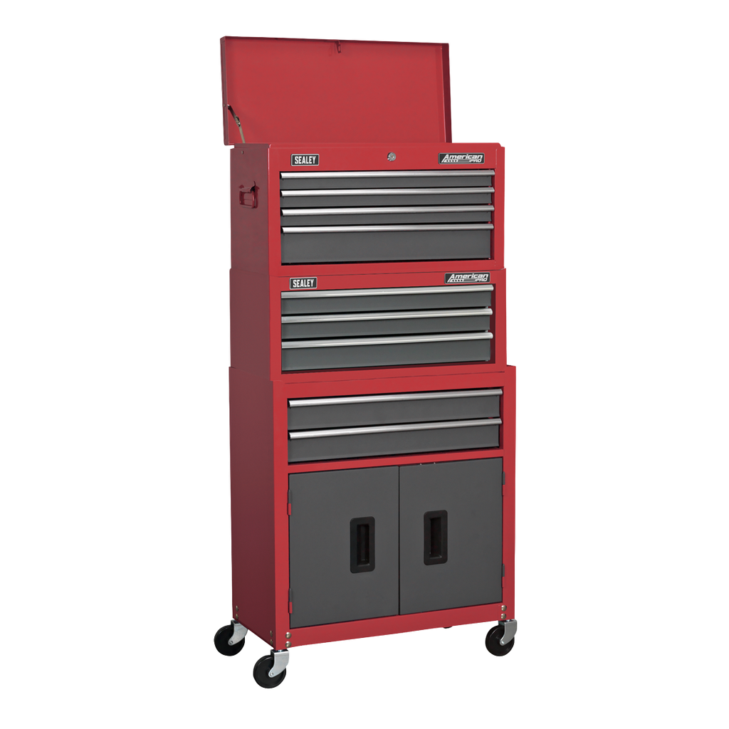 American PRO® Topchest, Mid-Box Tool Chest & Rollcab Stack 9 Drawer - Red