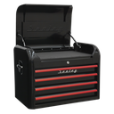 Premier™ Retro Style Topchest 4 Drawer - Black with Red Anodised Drawer Pulls