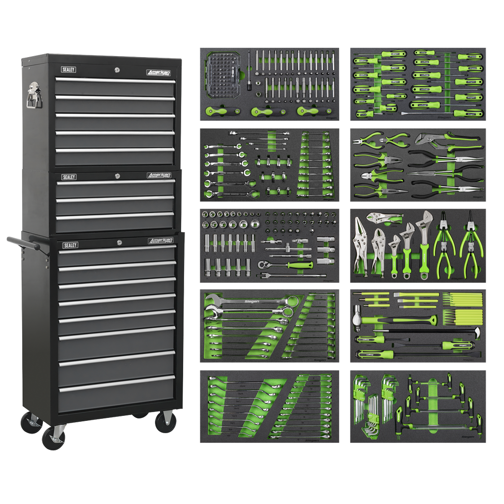 Tool Chest Combination 16 Drawer with Ball-Bearing Slides - Black/Grey & 398pc Tool Kit