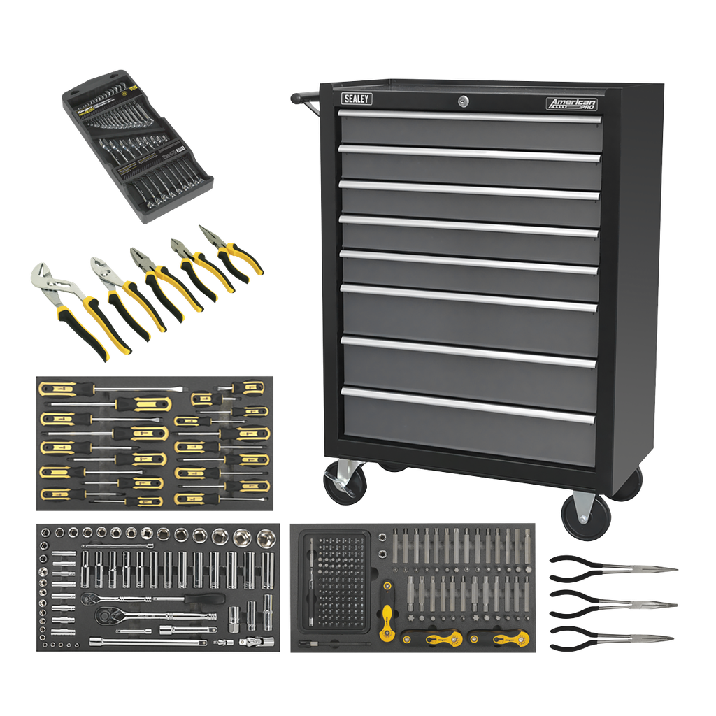 Rollcab 8 Drawer with 145pc Tool Kit - Black/Grey
