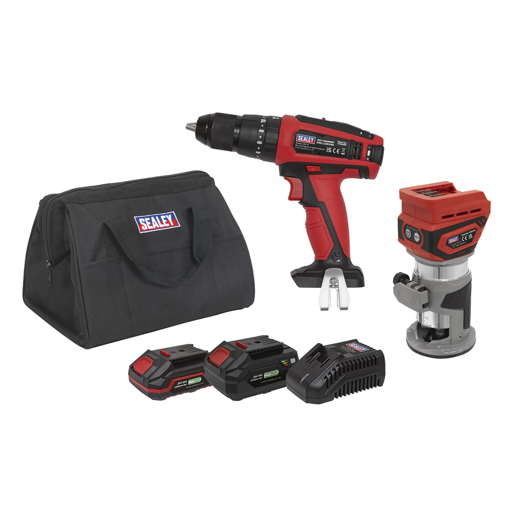 2 x SV20 Series Cordless Router & Combi Drill Kit 20V - 2 Batteries