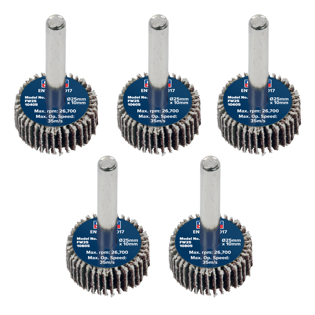 25 x 10mm Abrasive Flap Wheel on 6mm Shaft Assorted Grit - Pack of 5