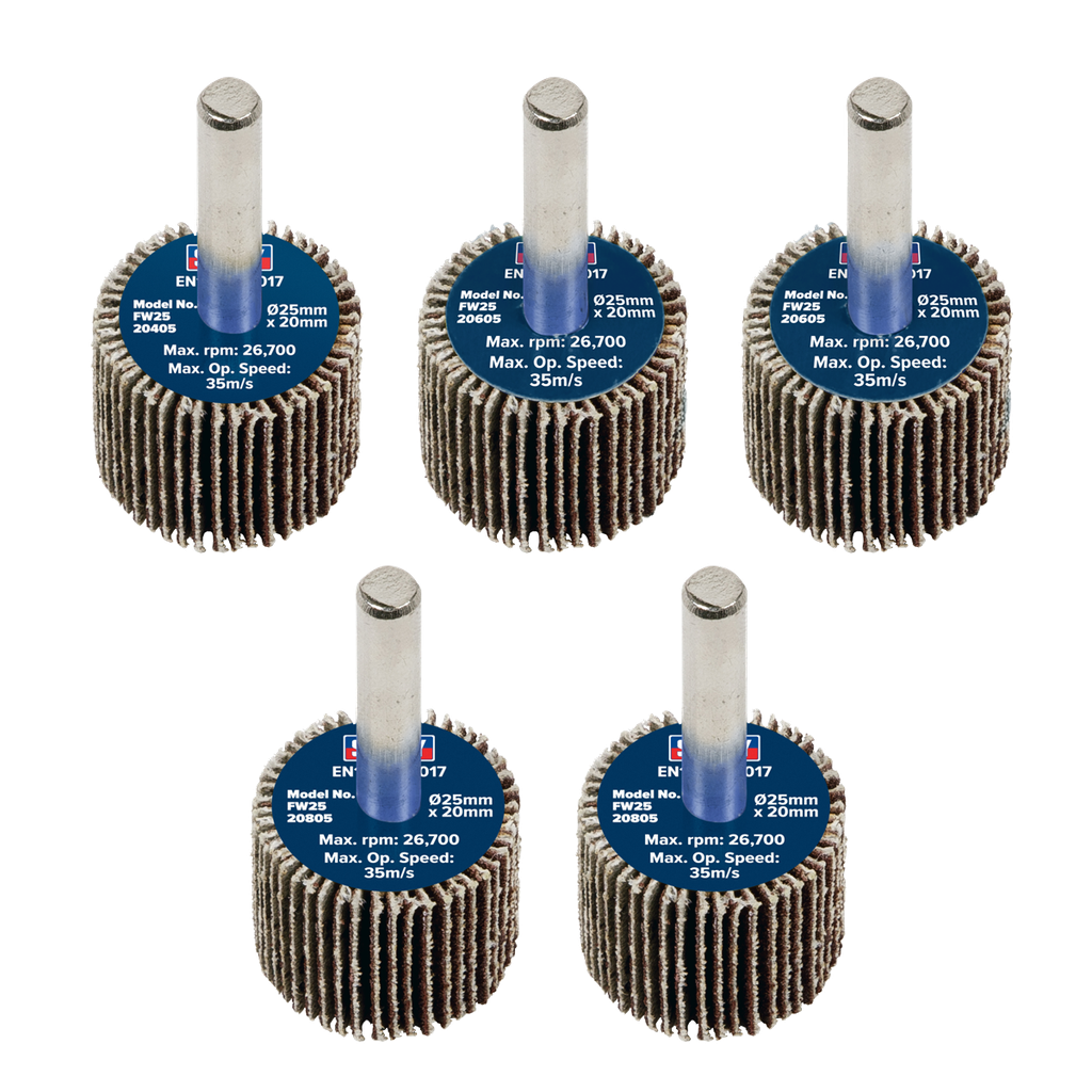 25 x 20mm Abrasive Flap Wheel on 6mm Shaft Assorted Grit - Pack of 5