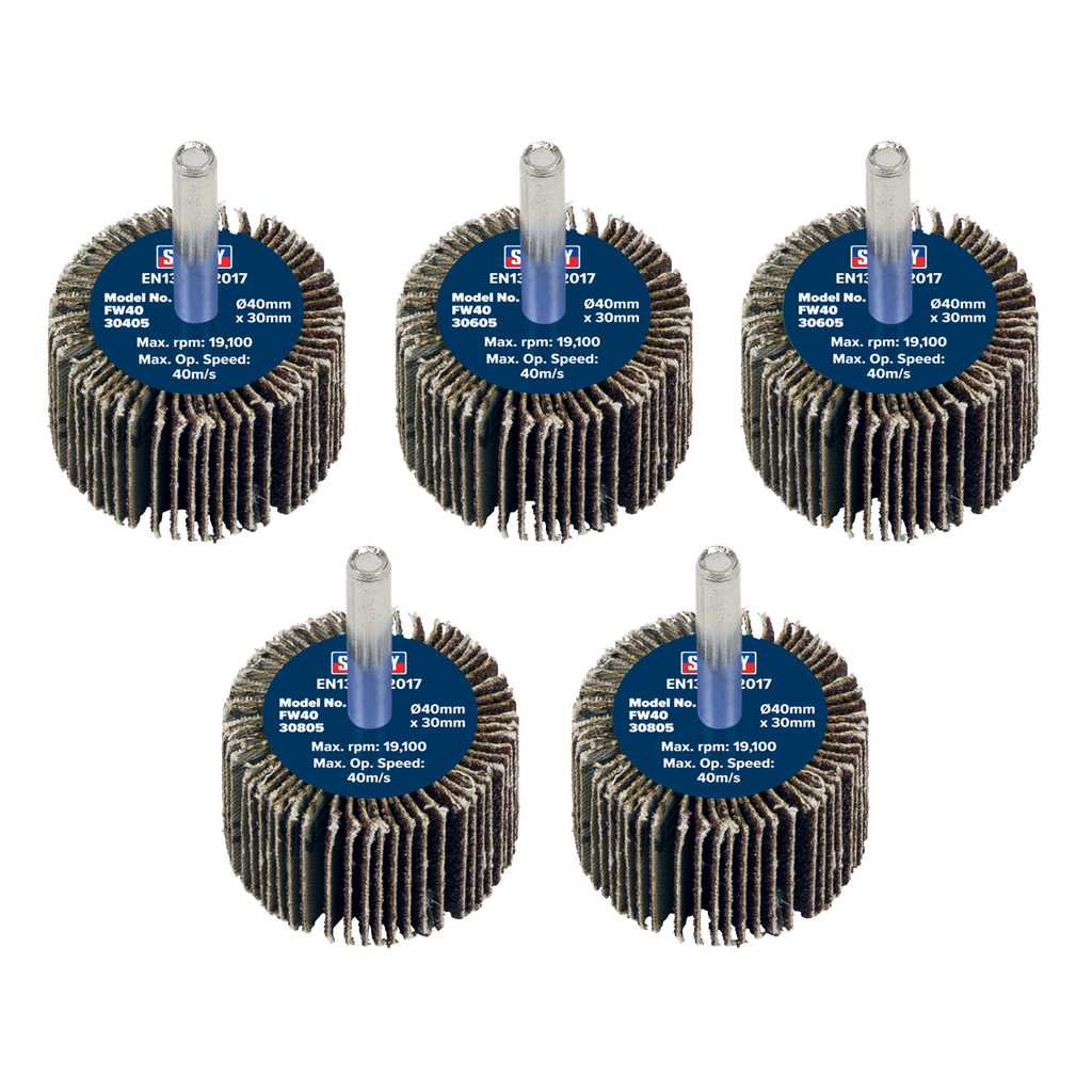 40 x 30mm Abrasive Flap Wheel on 6mm Shaft Assorted Grit - Pack of 5