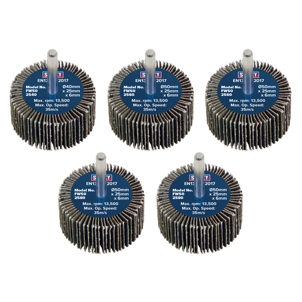 50 x 25mm Abrasive Flap Wheel on 6mm Shaft Assorted Grit - Pack of 5