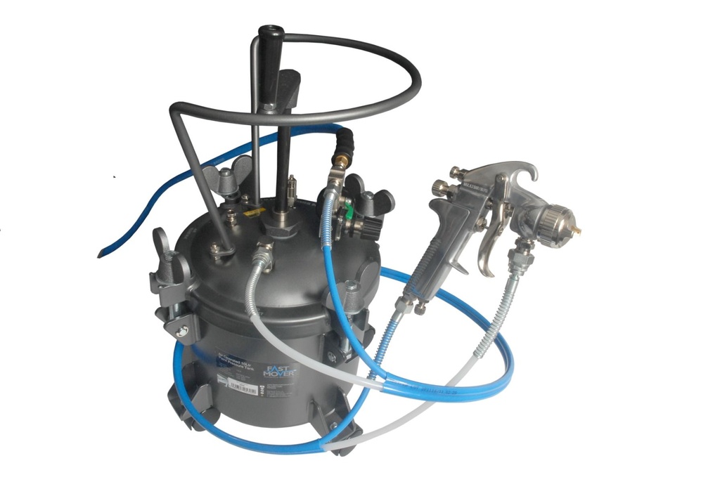 10ltr Pressure Feed Tank complete with a pressure feed spray gun and twin air and fluid hoses.