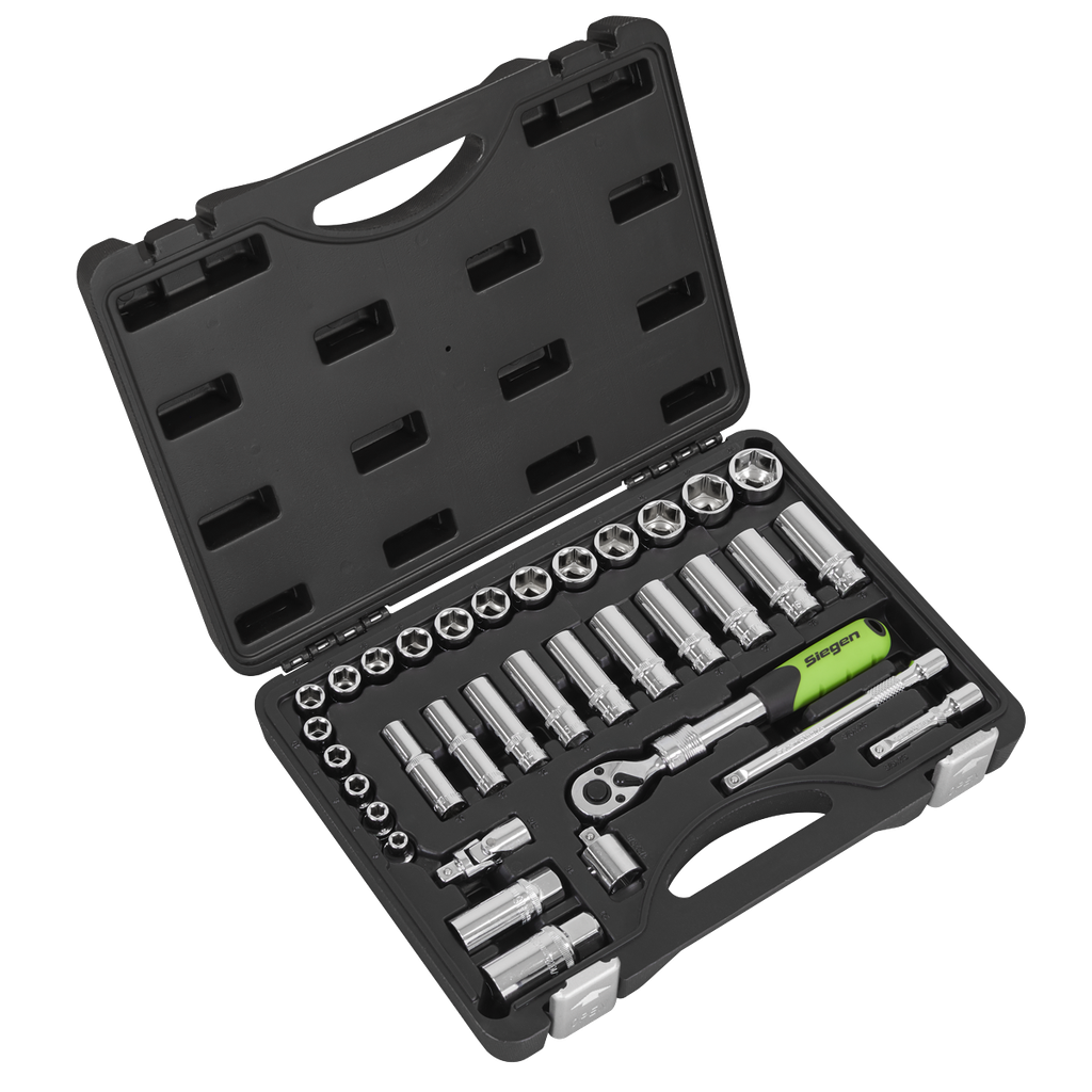 Siegen Extendable Ratchet Socket Set 3/8"Sq Drive 34pc