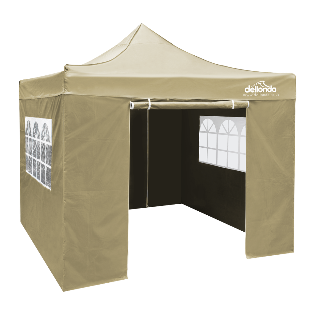 Dellonda Premium 2x2m Pop-Up Gazebo & Side Walls, PVC Coated, Water Resistant Fabric, Supplied with Carry Bag, Rope, Stakes & Weight Bags - Beige
