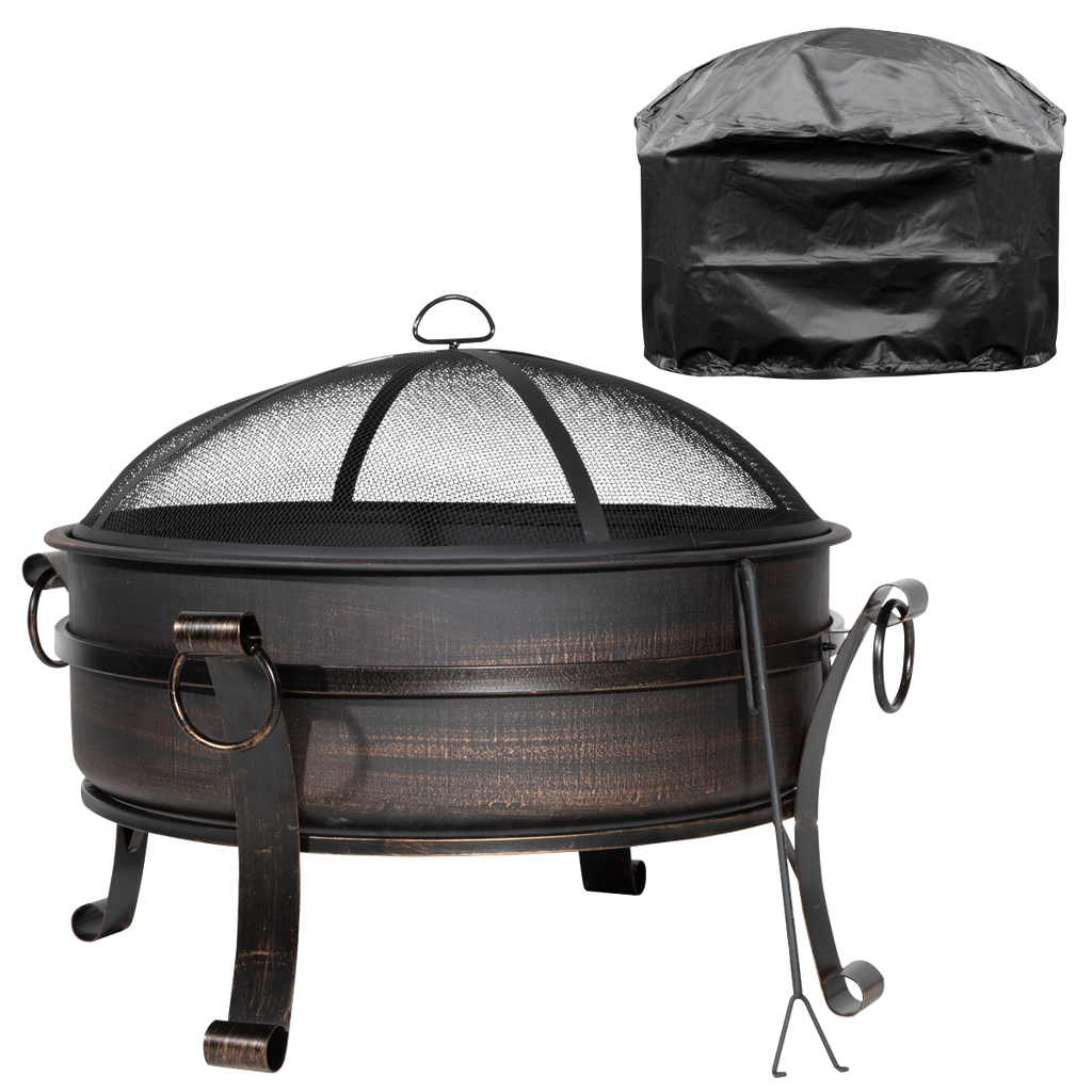 Dellonda 30" Deluxe 2-in-1 Outdoor Fire Pit & Coffee Table, Antique Bronze Effect with Water-Resistant Drawstring Cover
