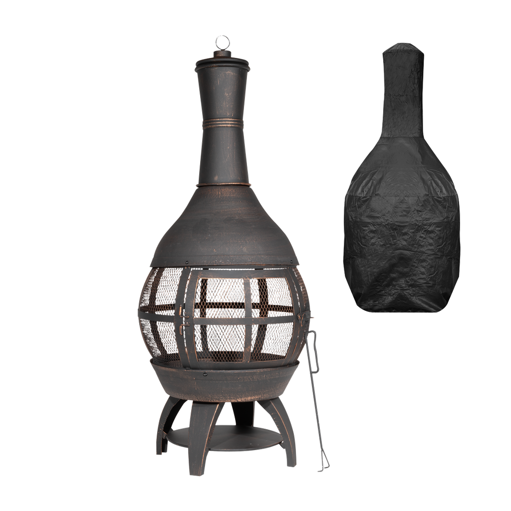 Dellonda Deluxe 360° Chiminea/Fire Pit/Outdoor Heater with Fire Poker & Water Resistant Drawstring Cover - Antique Bronze Finish - DG241