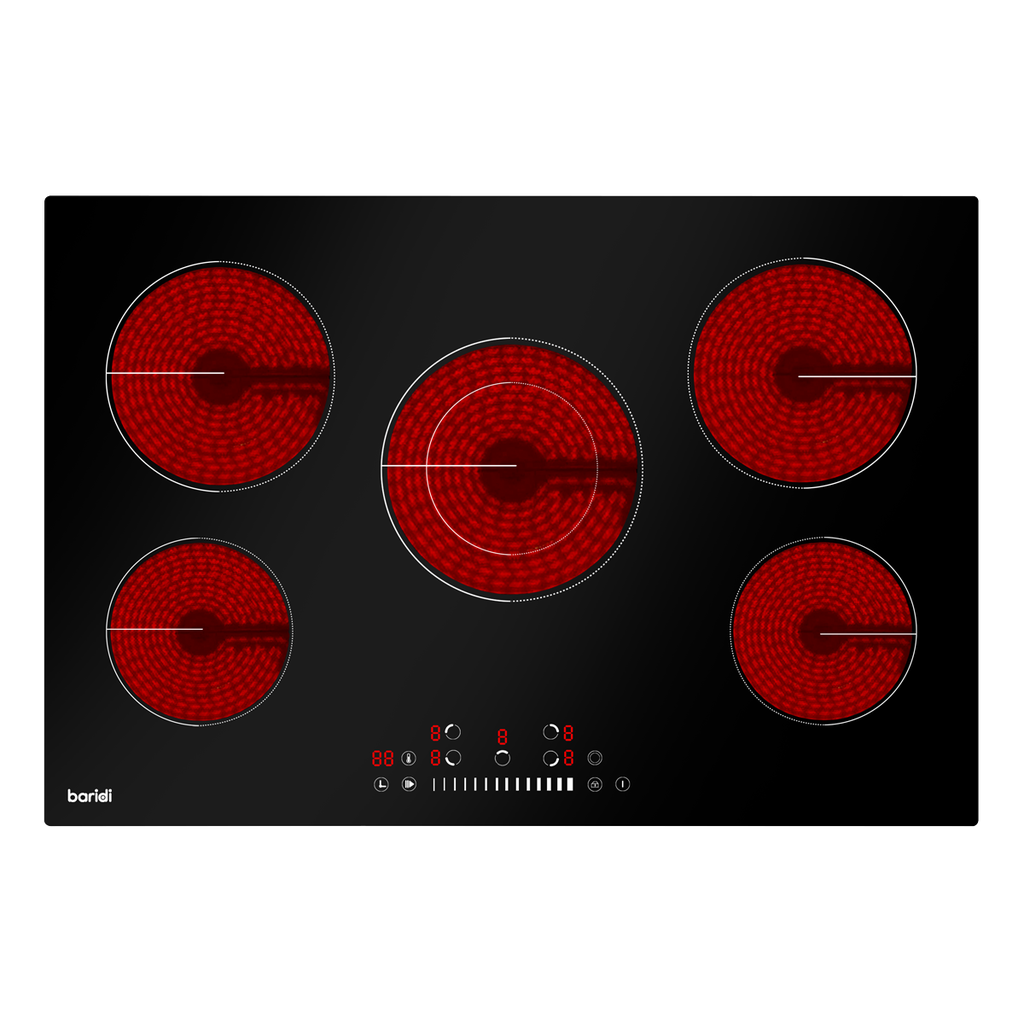 Baridi Integrated Ceramic Hob with 5 Cooking Zones 77cm - Black Glass