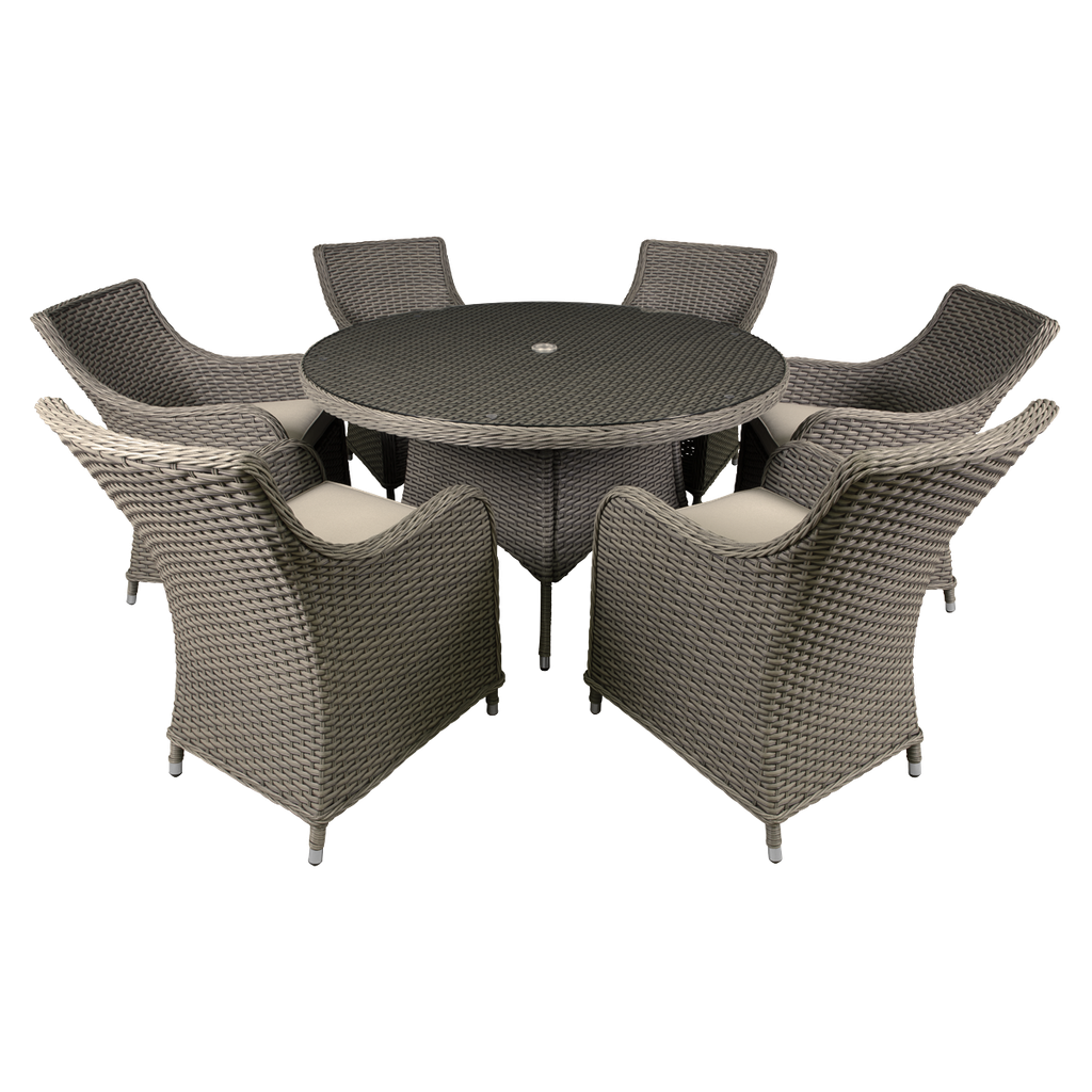 Dellonda Chester Rattan Wicker Outdoor Dining Set with Tempered Glass Tabletop 7pc