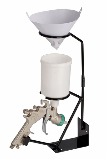 [FMT5000] Bench mounted spray gun holder for gravity feed spray guns. Fitted with cradle for paint straining