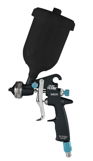 [FMT9800/1.4] HVLP gravity feed spray gun with black 600ml paint pot for UV curing paint spraying. 1.4mm aircap
