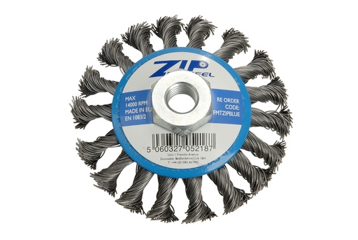 [FMTZIPBLUE] ZIP wire brush wheel.bevel shape 95mm with M14 thread. Blue