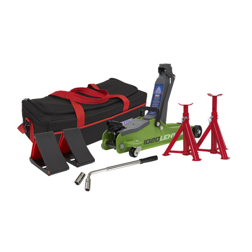 [1020LEHVBAGCOMBO] Low Entry Short Chassis Trolley Jack & Accessories Bag Combo, 2 Tonne - Green