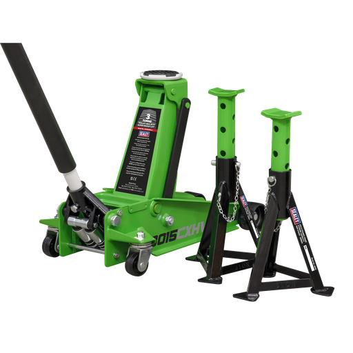 [3015CXHV] Trolley Jack with Super Rocket Lift 3 Tonne & Axle Stands (Pair) 3 Tonne Capacity per Stand - Green