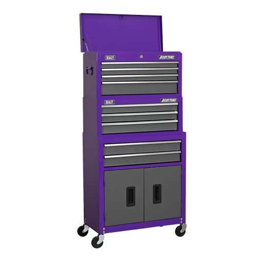 [AP2200BBCPSTACK] American PRO® Topchest, Mid-Box Tool Chest & Rollcab Stack 9 Drawer - Purple