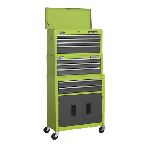 [AP2200BBHVSTACK] American PRO® Topchest, Mid-Box Tool Chest & Rollcab 9 Drawer Stack - Green