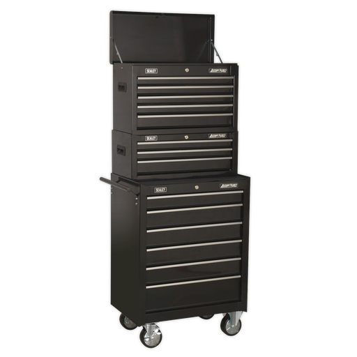 [AP22BSTACK] American PRO® Topchest, Mid-Box Tool Chest & Rollcab Stack 14 Drawer - Black