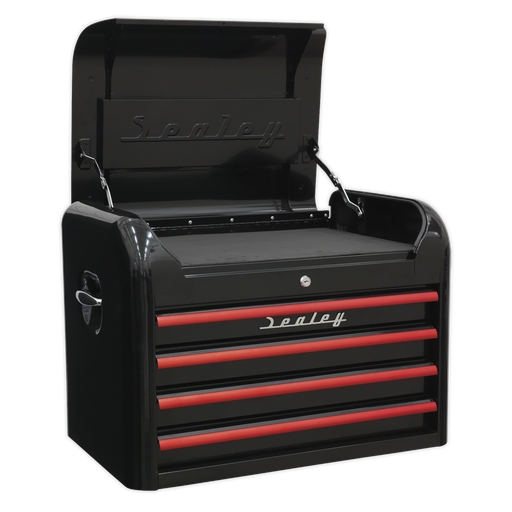 [AP28104BR] Premier™ Retro Style Topchest 4 Drawer - Black with Red Anodised Drawer Pulls