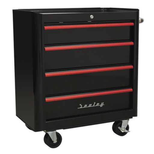 [AP28204BR] Premier™ Retro Style Rollcab 4 Drawer - Black with Red Anodised Drawer Pulls