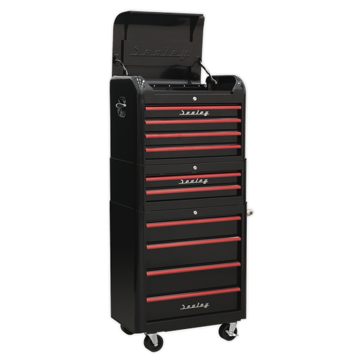 [AP28COMBO2BR] Premier™ Retro Style Topchest, Mid-Box Tool Chest & Rollcab Combination 10 Drawer - Black with Red Anodised Drawer Pulls