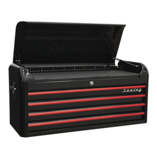 [AP41104BR] Premier™ Retro Style Wide Topchest 4 Drawer - Black with Red Anodised Drawer Pulls