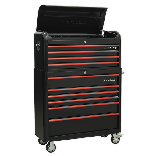 [AP41COMBOBR] Premier™ Retro Style Wide Topchest & Rollcab Combination 10 Drawer - Black with Red Anodised Drawer Pulls