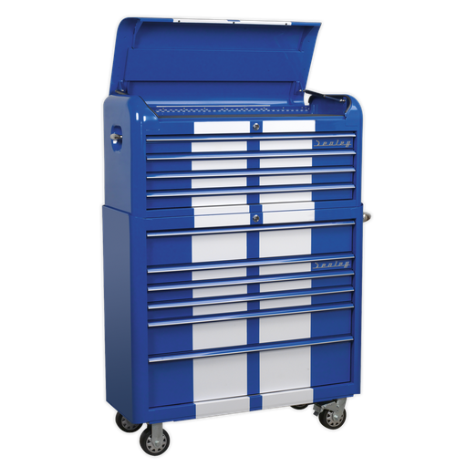 [AP41COMBOBWS] Premier™ Retro Style Wide Topchest & Rollcab Combination 10 Drawer Blue with White Stripes
