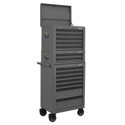 [APSTACKTGR] Superline PRO® Topchest, Mid-Box Tool Chest & Rollcab Combination 14 Drawer - Grey