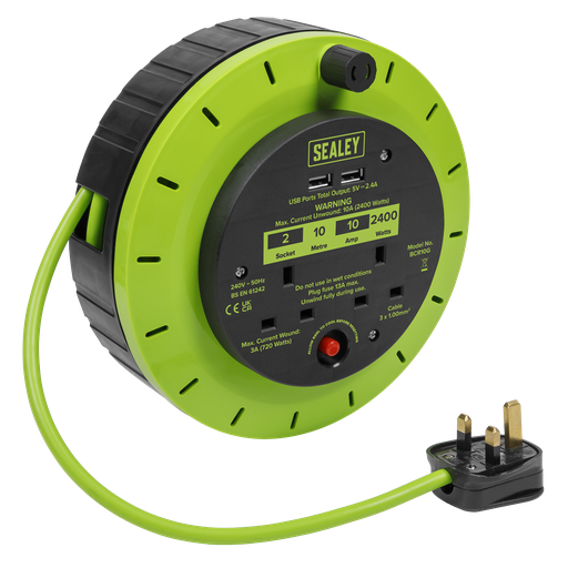 [BCR10G] 10m Cassette Type Cable Reel with Thermal Trip 2 x 230V & 2 x USB - Hi-Vis Green
