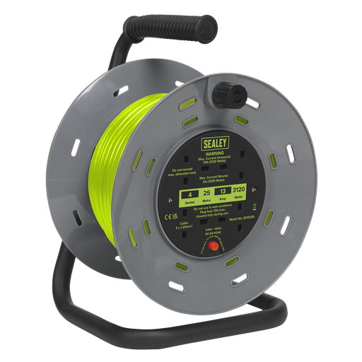[BCR25G] 25m Cable Reel with Thermal Trip 4 x 230V - Hi-Vis Green
