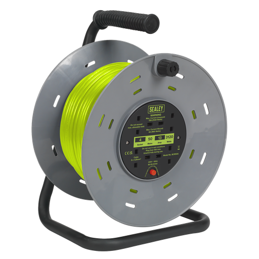 [BCR50G] 50m Cable Reel with Thermal Trip 4 x 230V - Hi-Vis Green