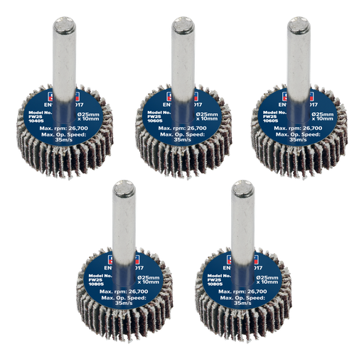 [FW2510ASS] 25 x 10mm Abrasive Flap Wheel on 6mm Shaft Assorted Grit - Pack of 5