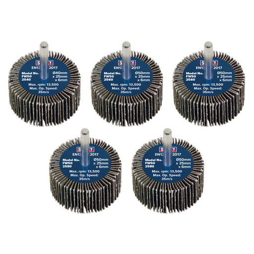 [FW5025ASS] 50 x 25mm Abrasive Flap Wheel on 6mm Shaft Assorted Grit - Pack of 5