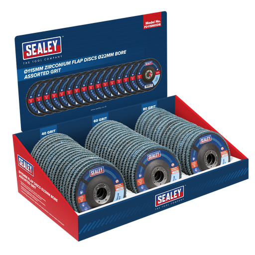 [FD115MIXDB] Assorted Grit Flap Discs Zirconium Ø115mm Ø22mm Bore - Display Box of 60