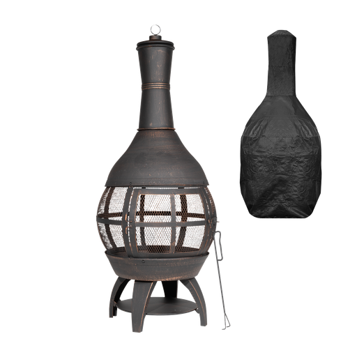 [DG241] Dellonda Deluxe 360° Chiminea/Fire Pit/Outdoor Heater with Fire Poker & Water Resistant Drawstring Cover - Antique Bronze Finish - DG241