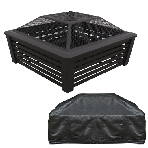 [DG238] Dellonda 35" Square Outdoor Fire Pit, Mesh Screen Lid, Black with Water Resistant Drawstring Cover