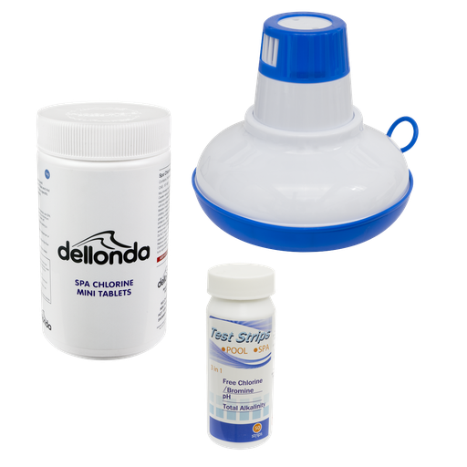 [DL97] Dellonda Hot Tub/Spa & Swimming Pool Chlorine Pack includes Chlorine Mini Tabs 1kg, Chemical Floaters & 3-in-1 Test Strips